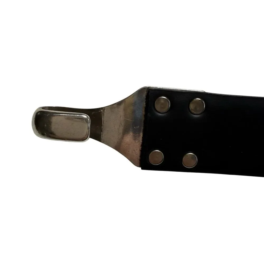 Chicos Adjustable Black Leather Belt Silver Hardware Hook and Loop Pebbled Sz ML